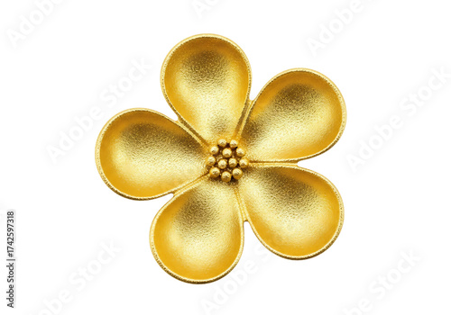 A beautiful, textured golden flower brooch with five petals and a beaded center, isolated on a transparent background