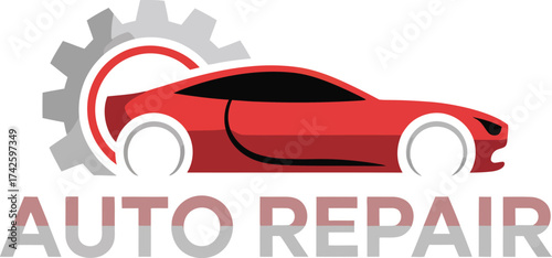 Modern red sports car symbol with gear and auto repair text for automotive services