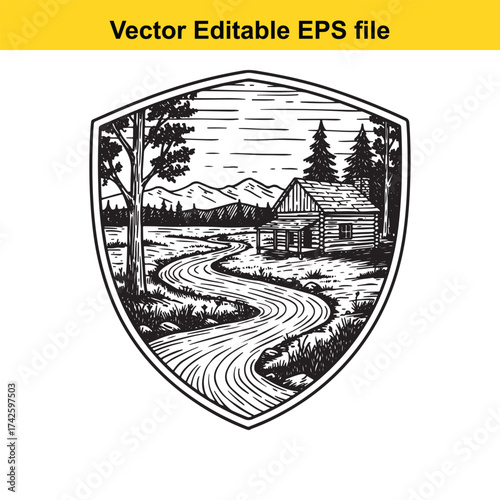 Vector art of sketch of a winding river leading to a cabin in a mountain landscape