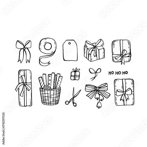 Wallpaper Mural Whimsical sketch doodle elements set of Christmas gifts. Quirky hand drawn illustrations in linear style. Cute coquette vector illustration Torontodigital.ca