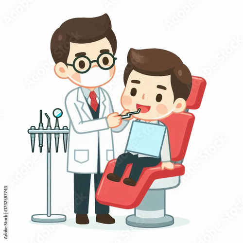 Cartoon dentist examines a child patient in a red dental chair with tools visible on a stand