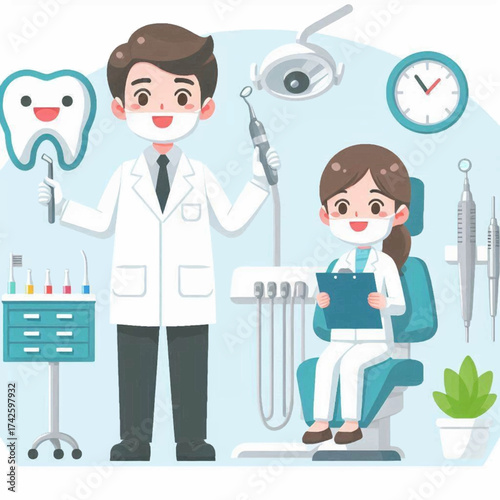 Cartoon dentist and assistant in a clinic with tools a chair clock and plant