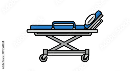 A blue medical hospital stretcher or gurney with an adjustable backrest and wheels depicted in a simple icon style.