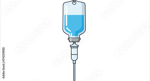 Cartoon illustration of a hanging intravenous IV drip bag with blue liquid solution.