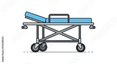 Medical hospital stretcher gurney with a blue mattress and adjustable backrest on wheels.