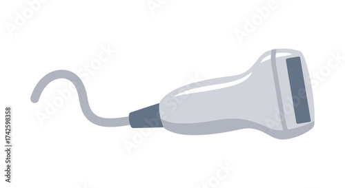 Medical Ultrasound Probe with Curved Cable and Display.