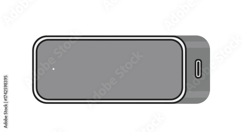 A simple gray portable power bank with a USB-C port and an LED indicator light.