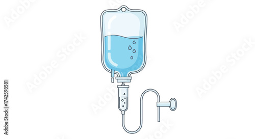 Cartoon Medical IV Drip Bag with Blue Liquid Illustration.