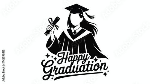 Happy graduation silhouette illustration with diploma and cap vector graphic for celebrations vector