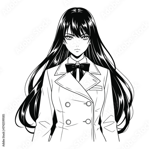 Vector art of anime girl with long black hair