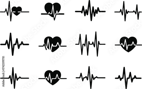 Set of heartbeat pulse ekg lines and heart silhouettes medical healthcare graphics