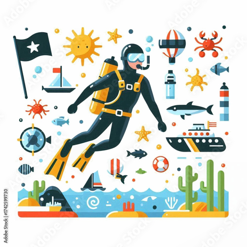 Vector graphic of a diver among sea life and nautical icons set over a colorful stylized seascape