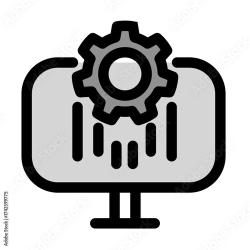 This modern icon depicts a gear on a computer screen with data bars- ideal for representing agile methodologies- scrum processes- and project management tools. It symbolizes efficient workflow and.