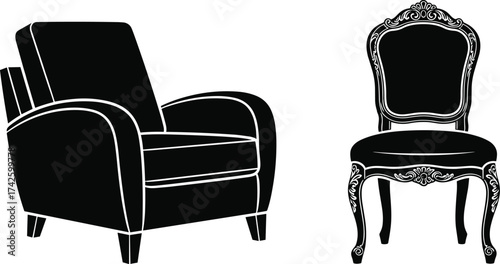 Luxury armchair and vintage chair vector icon set, elegant furniture silhouette design, classic and modern home interior illustration