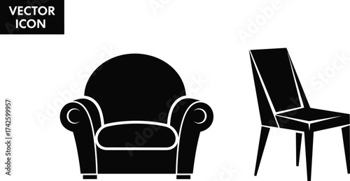 Modern armchair and dining chair vector icon set, minimalist furniture silhouette, home interior decor, stylish seating design illustration