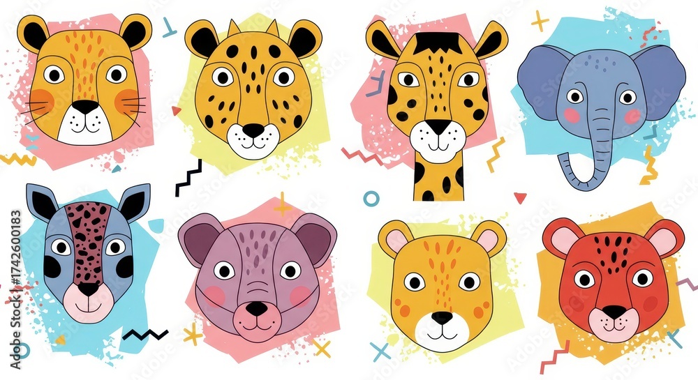 Fototapeta premium Collection of stylized animal portraits features playful designs with diverse fur patterns and expressive faces, set against colorful, textured abstract backgrounds, conveying a sense of fun and...