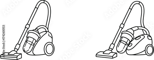 Vacuum cleaner outline, modern household appliance, home cleaning equipment, suction machine vector design, black and white illustration for hygiene concept