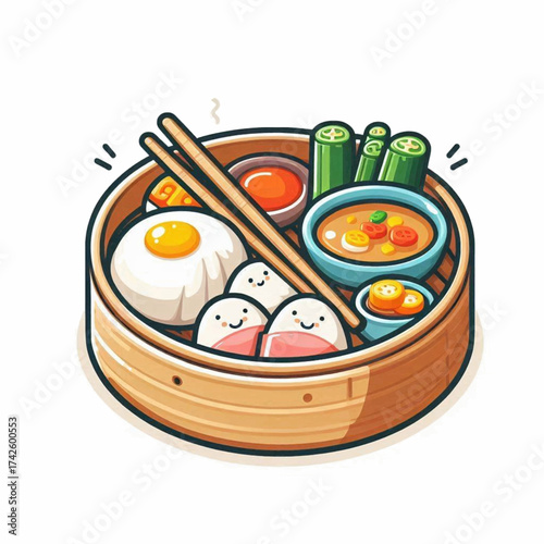 Illustrated wooden food steamer basket brimming with diverse Asian cuisine components