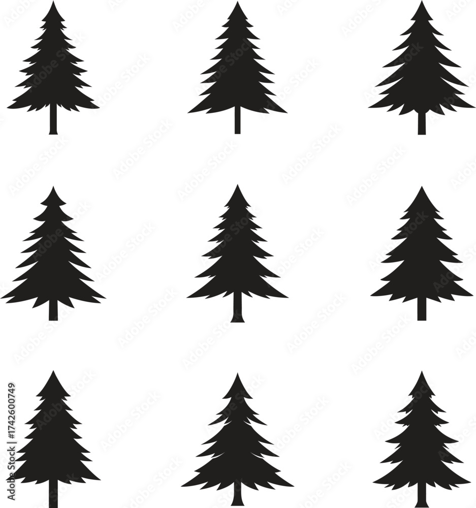Fototapeta premium Collection of nine black silhouette christmas trees on a white background