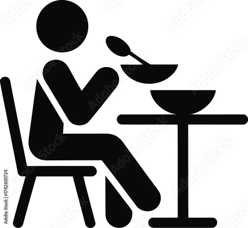 Simple silhouette icon of a person eating a meal at a table with a spoon