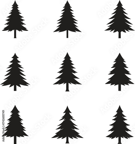 Collection of nine black silhouette christmas trees on a white background