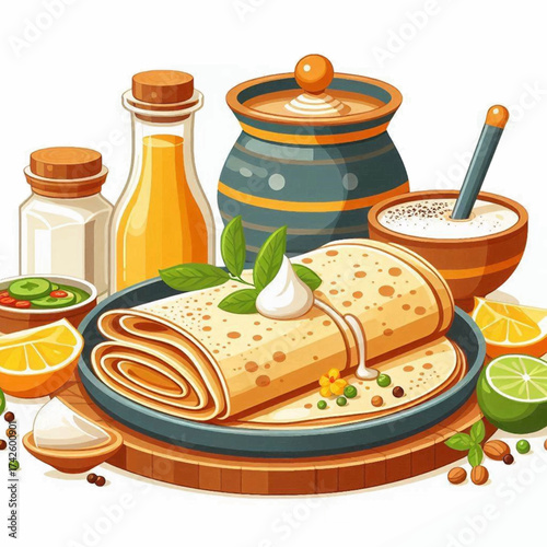 Rolled crepe on a plate w cream surrounded by condiments in jars and bowls
