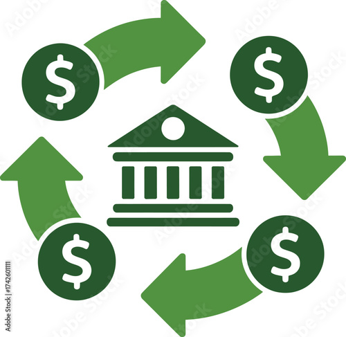 Financial cycle illustrating money flow and banking services with arrows and dollar signs