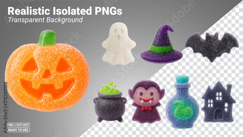 Halloween Gummy Candy Icons — Jack-o’-Lantern, Ghost, Witch Hat, Bat, Cauldron, Vampire, Potion & Haunted House (Transparent PNGs)