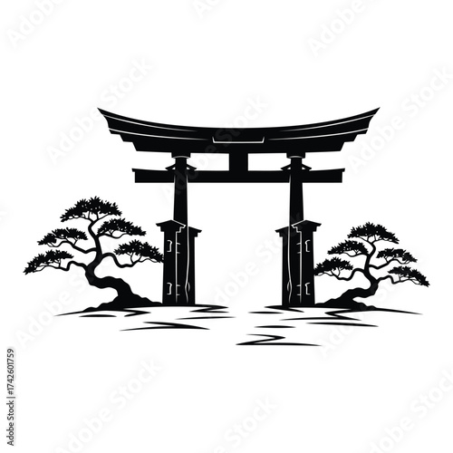 Vector art of torii gate with bonsai trees