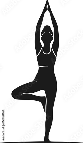 Silhouette of woman in tree pose yoga for wellness and mindfulness graphics