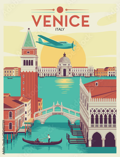 Venice City Landmarks Retro Travel Poster Design. Vintage Style Vector Illustration Featuring Famous Venetian Architecture and Scenic Views. Classic Tourism and Vacation Concept on White Background.