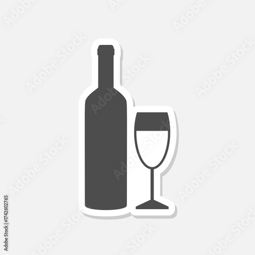 Wine bottle with wine glass icon sticker isolated on gray background