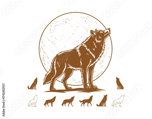 A solitary male wolf against a full moon backdrop. Graphic design illustration of a wild animal at night. Vector set of line art style wolves.