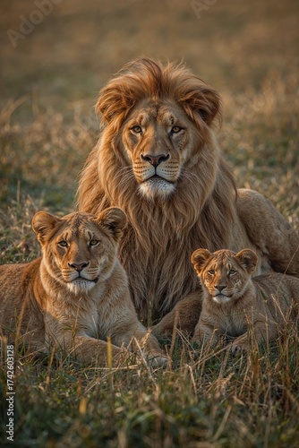 Family of lions resting peacefully on the savanna grass, showing unity and natural wildlife beauty