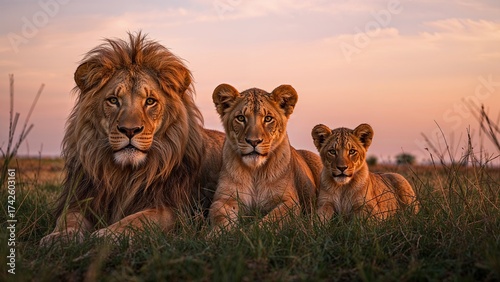 Lion family with one cub resting in the grass at sunset — African wildlife scene