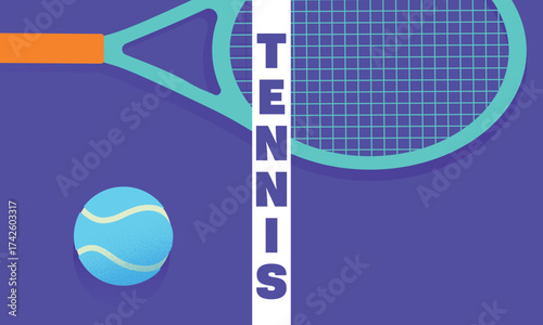 Illustration concept: tennis training, sports school, tennis club, flat design, racket, ball. Poster for a court tennis competition, professional game, championship, sport activity, hobby