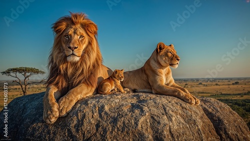 Family lion and  one cub standing on rock under blue sky.
