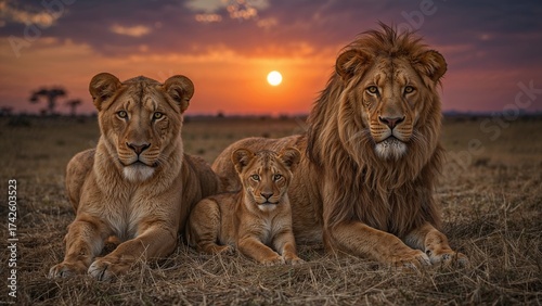 Majestic lion family one cub in the wild at golden sunset