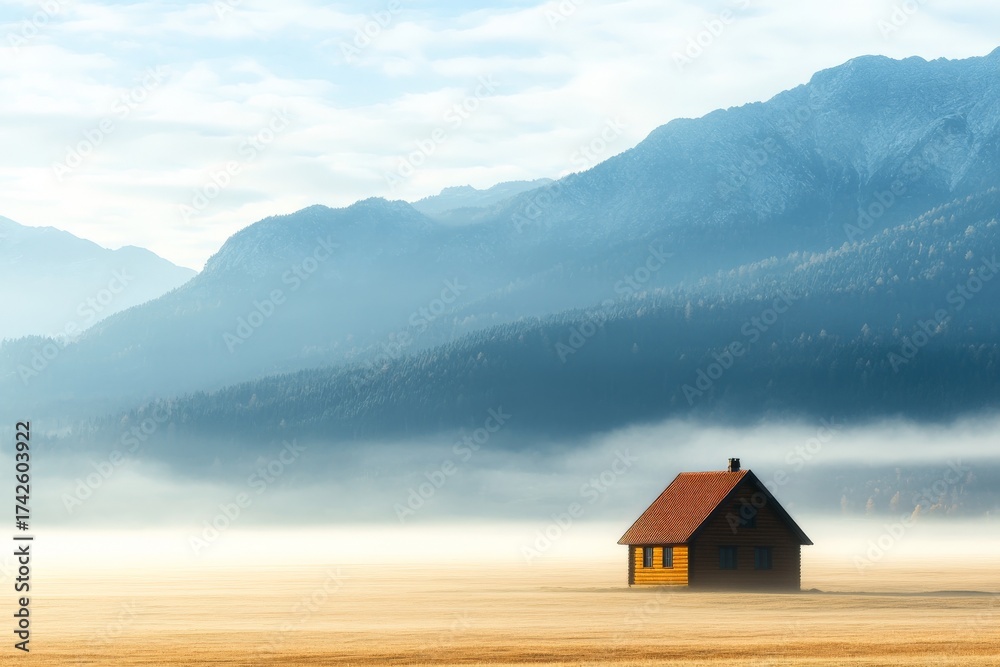 Fototapeta premium Vintage house nestled in a misty field at dawn