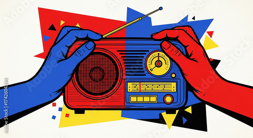 Retro Radio Illustration with Hands and Geometric Shapes in Primary Colors