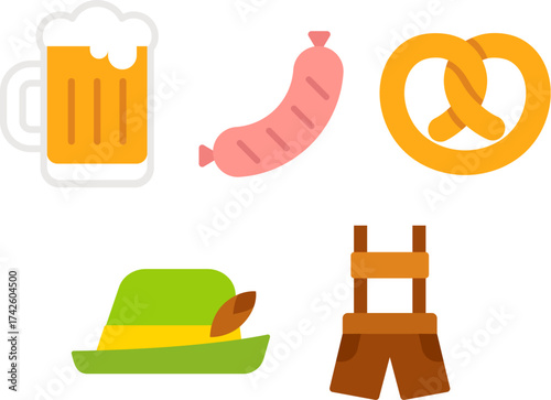 Oktoberfest beer festival icons. Simple flat cartoon symbols of beer, food, German national costume. Vector illustration set.
