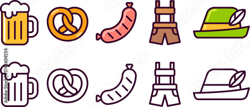 Oktoberfest beer festival icons. 2 styles, colored cartoon line icons and black outline. Beer, food, national German costume. Vector illustration set.