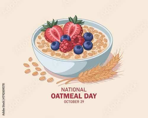 National Oatmeal Day vector. Bowl of oatmeal with berries icon vector. Healthy cereal breakfast with fruits icon vector. Oat flakes breakfast design element. October 29.