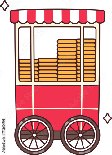 Istanbul Simit street food cart drawing. Traditional Turkish sesame bagel bread vendor. Cartoon doodle, hand drawn illustration.