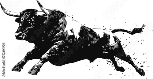 Bull vector, dynamic black and white sketch, charging aggressive pose, ink splatter effect — stock vector