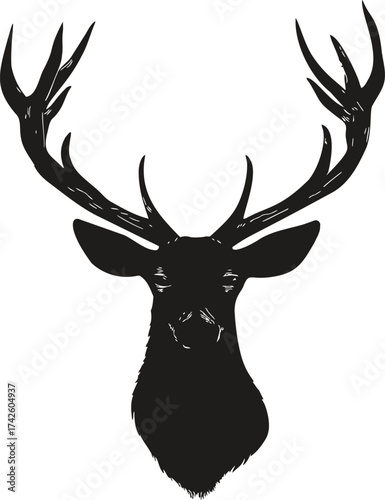 Deer head silhouette vector, hand drawn style with large antlers, isolated on white — stock vector