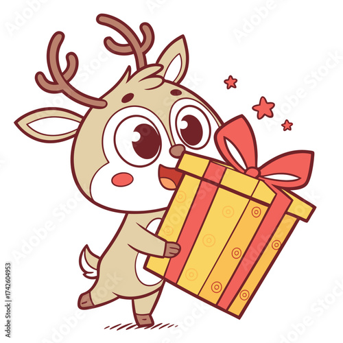 Cute cartoon reindeer with a gift box illustration for Christmas and winter holiday fun