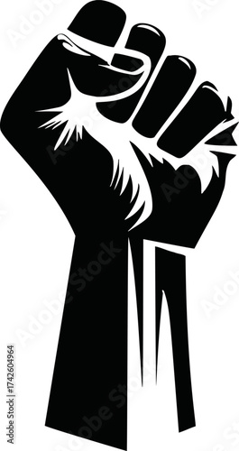Raised fist vector, bold black silhouette symbolizing solidarity and resistance — stock vector