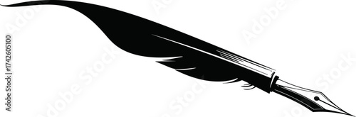 Quill pen vector, stylized black feather with classic nib, isolated on white — stock vector
