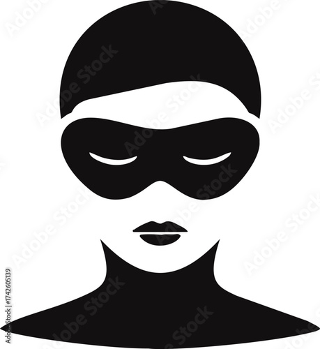 Masked woman silhouette vector, minimalist female face with eye mask and closed lips — stock vector
